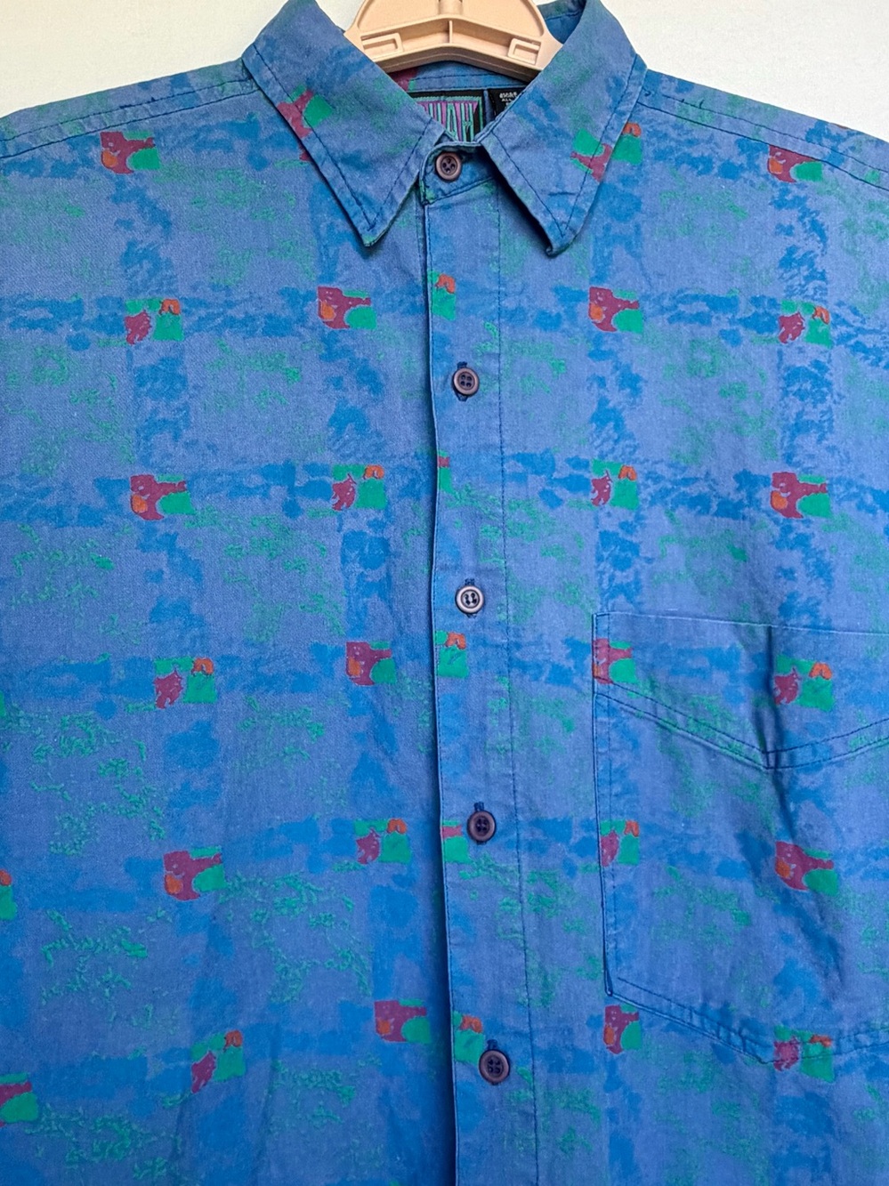 Vtg Shah Safari Button Down Shirt Men Sz M Blue 90s Tribal Print Geometric 80s